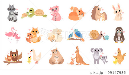 Cute mom and baby animal couples set. Raccoon, snail, owl, kangaroo, sheep, turtle, koala families cartoon vector illustration 99147986