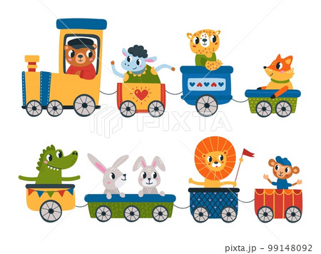 Cute animals zoo train. Children animal safari transport, cartoon lion bear fox. Baby wild characters, tale funny party decoration classy vector template Cute animals zoo train. Children animal safari transport, cartoon lion bear fox. Baby wild characters, tale funny party decoration classy vector template 99148092