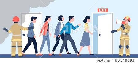 Fire and panic in office. Emergency workplace situation, firemen avacuated managers for safety life. People running to exit, recent vector scene 99148093