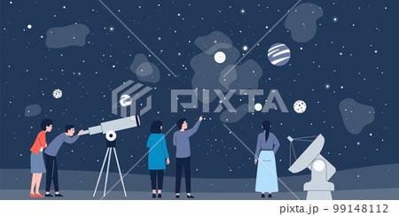 Astronomy science explorer. People studying mysterious constellation and watching space in telescope. Explore universe and planets recent vector scene Astronomy science explorer. People studying mysterious constellation and watching space in telescope. Explore universe and planets recent vector scene 99148112
