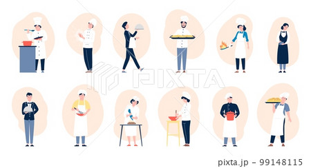 Flat kitchen restaurant workers cooking. Cook and waiters, bakery or confectionery professional team. People in uniform baking, hold dishes recent vector set Flat kitchen restaurant workers cooking. Cook and waiters, bakery or confectionery professional team. People in uniform baking, hold dishes recent vector set 99148115