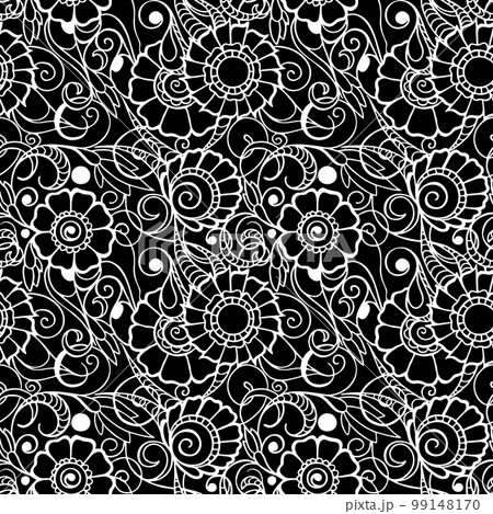 seamless contour pattern of large white graphic flowers on a black background, texture, design 99148170