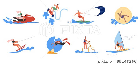 Water funny activities. People ride surfboards and jet skis. Beach attractions. Men and women in swimsuits. Extreme windsurfing or flyboarding. Diving with snorkel. Vector sea sport set 99148266