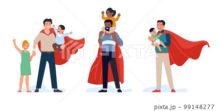 Super dads and their kids. Happy parents with children. Superhero fathers holding sons or daughters. Strong men in cloak. Childhood and parenthood. Vector isolated hero families set 99148277