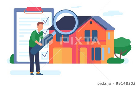 Home audit. House quality inspection. Apartment documentation. Property examine. Real estate assessment. Architecture control. Man with magnifier and paper document. Vector concept Home audit. House quality inspection. Apartment documentation. Property examine. Real estate assessment. Architecture control. Man with magnifier and paper document. Vector concept 99148302