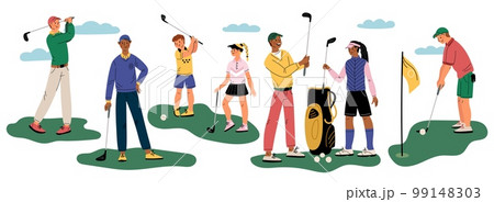 Golf players characters. Cartoon golfers people with clubs and balls. Professional athletes and amateurs. Scoring in hole with flag. Sportsmen poses. Outdoor leisure. Garish vector set 99148303