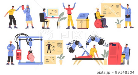 Future surgery and medicine technologies. Treatment and bionic cyber prosthetics. 3D print organs equipment. Robotic operation. Disabled people. Vector futuristic medical innovations set 99148304