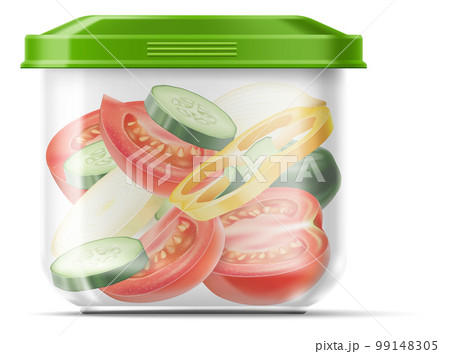 Food container with products. Realistic box with vegetable slices. Salad ingredients. Closed package with lid. Tomato and peppers. Onion and cucumber pieces. Vector object front view Food container with products. Realistic box with vegetable slices. Salad ingredients. Closed package with lid. Tomato and peppers. Onion and cucumber pieces. Vector object front view 99148305