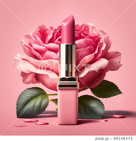 Pink lipstick in pink flowers. 99148373