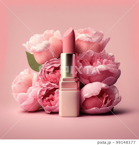 Pink lipstick in pink flowers. 99148377
