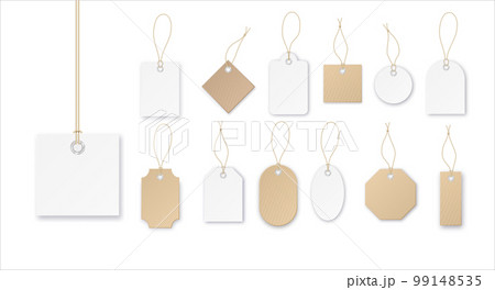 Set of tags or sale vector shopping labels with rope . White paper and brown kraft realistic material. Flat design isolated vector Set of tags or sale vector shopping labels with rope . White paper and brown kraft realistic material. Flat design isolated vector 99148535