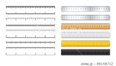 Realistic metal and plastic rulers. Measurement scales with divisions. Scale for measuring length or height in centimeters, inches. Ruler, tape measure marks, size indicators. Vector illustration Realistic metal and plastic rulers. Measurement scales with divisions. Scale for measuring length or height in centimeters, inches. Ruler, tape measure marks, size indicators. Vector illustration 99148712