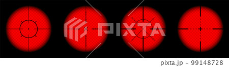 Various weapon thermal infrared sights, sniper rifle optical scopes. Hunting gun viewfinder with crosshair. Aim, shooting mark symbol. Military target sign. Game UI element. Vector illustration Various weapon thermal infrared sights, sniper rifle optical scopes. Hunting gun viewfinder with crosshair. Aim, shooting mark symbol. Military target sign. Game UI element. Vector illustration 99148728