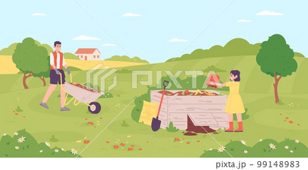 People making compost. Family humus composting on agriculture farm background, bio recycling waste concept, farming man and kid with bin nutrient heap in garden vector illustration 99148983