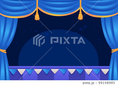 Cartoon theatre stage. Empty theater scene clipart with blue curtains, broadway performance circus show opera concert or casino dark hall audience background vector illustration 99148985
