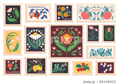 Set Of Postal Stamps With Flowers, Fruits And...のイラスト素材 [99149032] - PIXTA