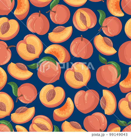 Peach Fruit Seamless Pattern, Juicy Peaches Arranged In Tiled Design. Vibrant Shades Of Orange, Yellow And Green Blend 99149043