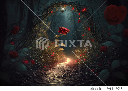暗い森の中の薔薇の小道 99149224