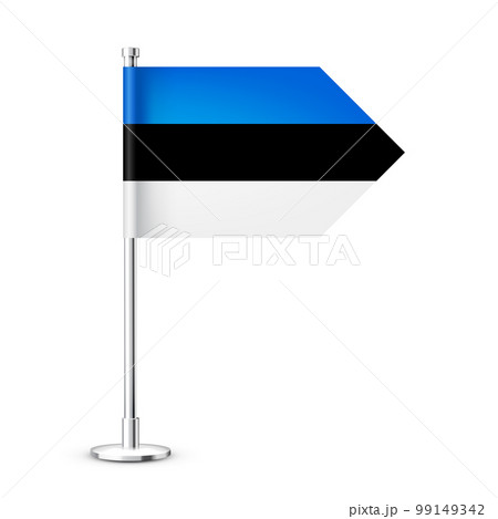 Realistic Estonian table flag on a chrome steel pole. Souvenir from Estonia. Desk flag made of paper or fabric and shiny metal stand. Mockup for promotion and advertising. Vector illustration 99149342