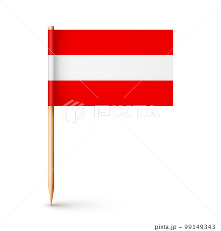 Realistic Austrian toothpick flag. Souvenir from Austria. Wooden toothpick with paper flag. Location mark, map pointer. Blank mockup for advertising and promotions. Vector illustration 99149343
