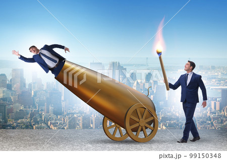 Concept of lay-off with businessman and cannon Concept of lay-off with businessman and cannon 99150348