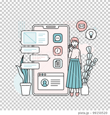 Illustration of a woman standing next to a smartphone Illustration of a woman standing next to a smartphone 99150520