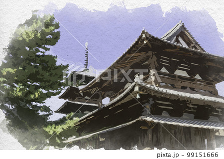 水彩画風 法隆寺 金堂 奈良県生駒郡斑鳩町 水彩画風 法隆寺 金堂 奈良県生駒郡斑鳩町 99151666
