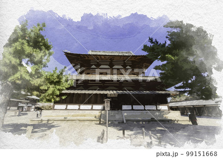 水彩画風　法隆寺　金堂　奈良県生駒郡斑鳩町 99151668