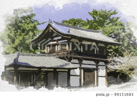 水彩画風　法隆寺　経蔵　奈良県生駒郡斑鳩町 99151683