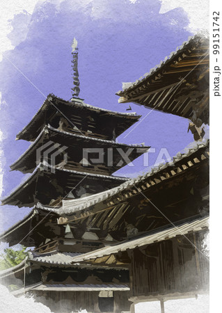 水彩画風　法隆寺　五重塔　奈良県生駒郡斑鳩町 99151742
