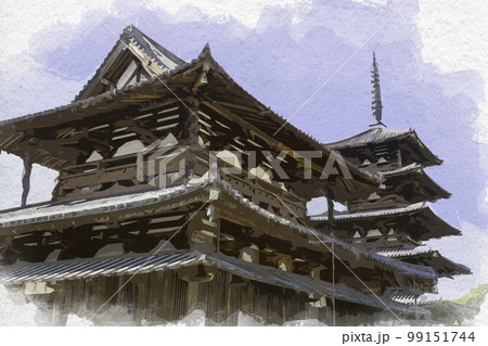 水彩画風 法隆寺 五重塔 奈良県生駒郡斑鳩町 水彩画風 法隆寺 五重塔 奈良県生駒郡斑鳩町 99151744