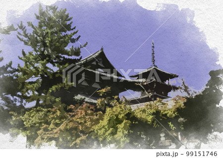 水彩画風　法隆寺　五重塔　奈良県生駒郡斑鳩町 99151746