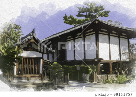 水彩画風　法隆寺　綱封蔵　奈良県生駒郡斑鳩町 99151757