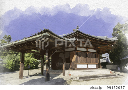 水彩画風　法隆寺　西円堂　奈良県生駒郡斑鳩町 99152037