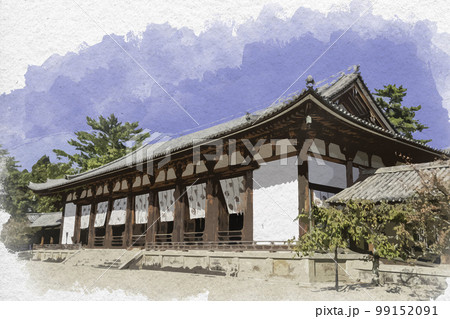 水彩画風　法隆寺　大講堂　奈良県生駒郡斑鳩町 99152091