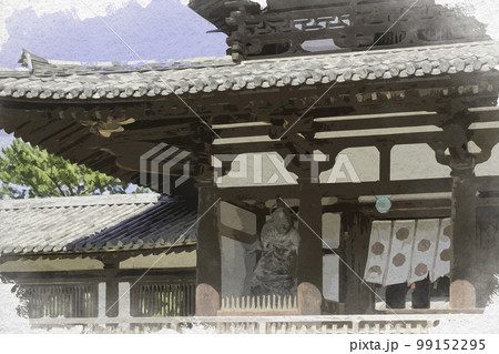 水彩画風　法隆寺　中門　奈良県生駒郡斑鳩町 99152295