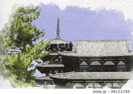 水彩画風　法隆寺　中門　奈良県生駒郡斑鳩町 99152299