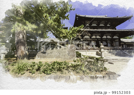 水彩画風　法隆寺　中門　奈良県生駒郡斑鳩町 99152303