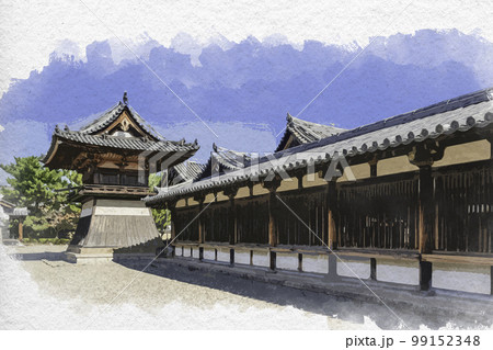 水彩画風　法隆寺　東院伽藍　鐘楼　奈良県生駒郡斑鳩町 99152348
