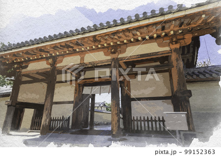 水彩画風　法隆寺　東大門　奈良県生駒郡斑鳩町 99152363