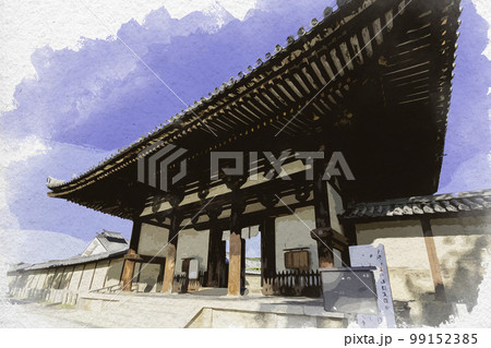 水彩画風　法隆寺　南大門　奈良県生駒郡斑鳩町 99152385