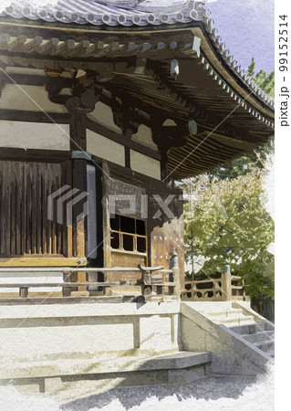 水彩画風　法隆寺　夢殿　奈良県生駒郡斑鳩町 99152514