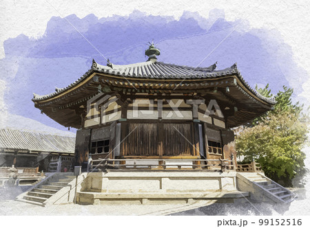 水彩画風　法隆寺　夢殿　奈良県生駒郡斑鳩町 99152516