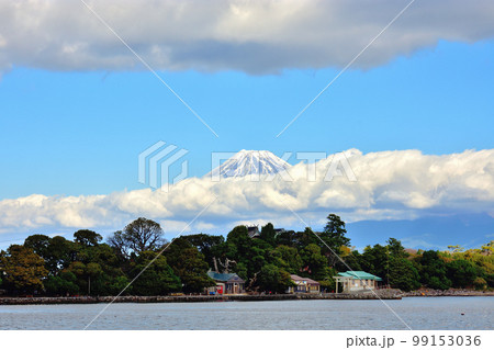 駿河湾と雲のかかった富士山 99153036