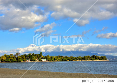 駿河湾と雲のかかった富士山 99153060