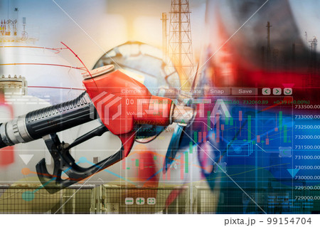 Car fueling at gas station. Refuel fill up with petrol gasoline. Blur industrial gas storage tank and petroleum refinery plant. Petrol industry. Petrol price and oil crisis concept. Stock market graph Car fueling at gas station. Refuel fill up with petrol gasoline. Blur industrial gas storage tank and petroleum refinery plant. Petrol industry. Petrol price and oil crisis concept. Stock market graph 99154704