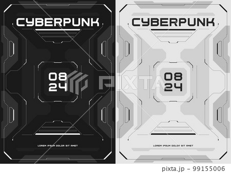 Cyberpunk futuristic poster set. Tech cyberpunk design for web and print template. Technology style flyer. Future technology, black and white cyber design, inversion. 99155006