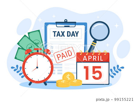 Tax Day Illustration with Clipboard Form, Clock, Calendar and Coins Money for Web Banner or Landing Page in Flat Cartoon Hand Drawn Templates Tax Day Illustration with Clipboard Form, Clock, Calendar and Coins Money for Web Banner or Landing Page in Flat Cartoon Hand Drawn Templates 99155221