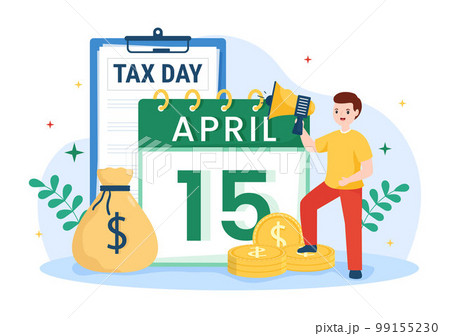 Tax Day Illustration with Clipboard Form, Clock, Calendar and Coins Money for Web Banner or Landing Page in Flat Cartoon Hand Drawn Templates Tax Day Illustration with Clipboard Form, Clock, Calendar and Coins Money for Web Banner or Landing Page in Flat Cartoon Hand Drawn Templates 99155230