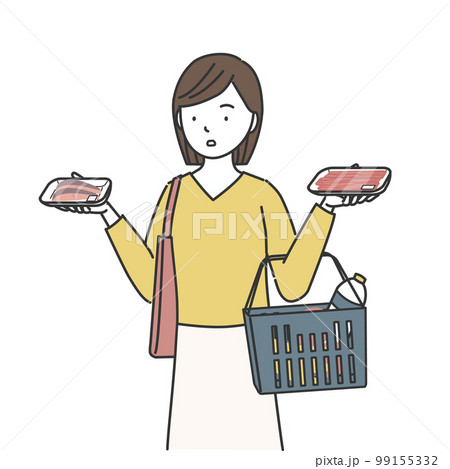肉と魚を手に持つ買い物中の女性 99155332